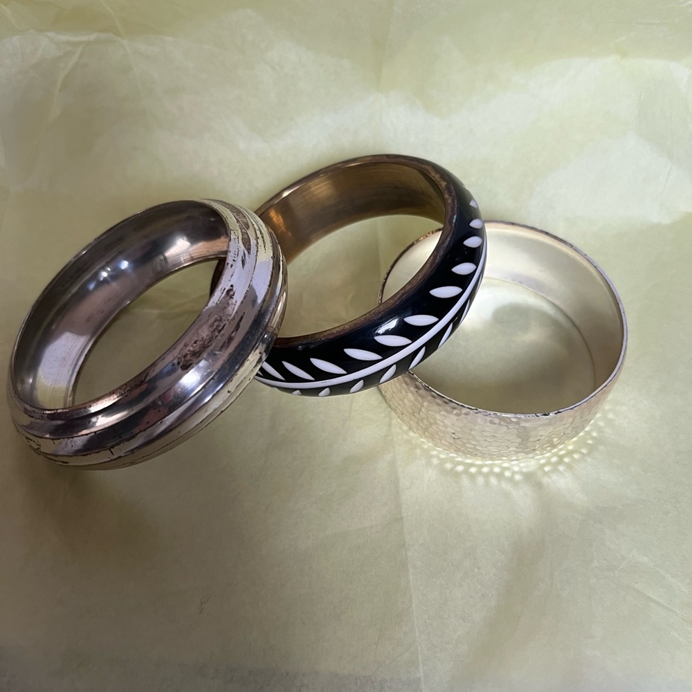 Set of Three Women's Black, Silver and Gold Bangle Bracelets